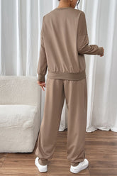 Perfee Round Neck Long Sleeve Top and Pants Set OutfitFlow